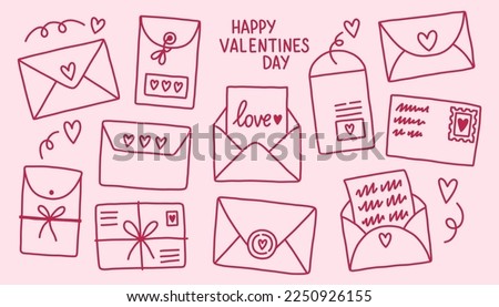 Set of cute hand drawn envelopes about love. Design elements isolated on pink. Happy Valentines Day doodle vector illustration.