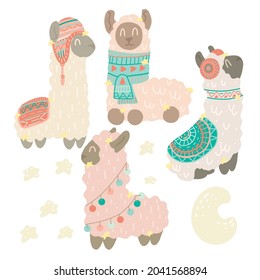 Set of cute hand drawn flat llamas in hats and scarves with tribal pattern. Alpacas with stars and a crescent. Vector gentle animalistic illustration for stickers and cards