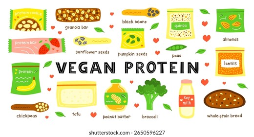Conjunto de bonito mão desenhada plana vegan alta proteína fontes de alimentos isoladas no fundo branco. Conceito de nutrição saudável com base em plantas. Letras escritas à mão.
