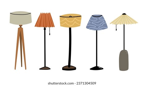 Set of cute hand drawn floor lamps isolated on white. Modern loft style three legs stand lamp, mid century floor lamps with pleated shades. Trendy aesthetic interior decor, cozy home furniture set.