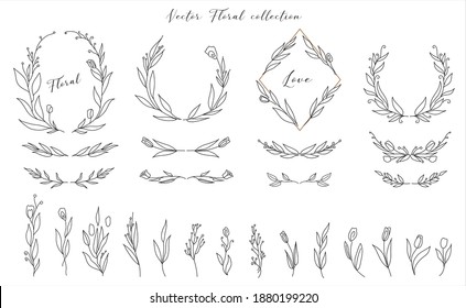 Set of cute Hand drawn floral decorative design elements. frames wreath dividers flowers, branches. vector illustration