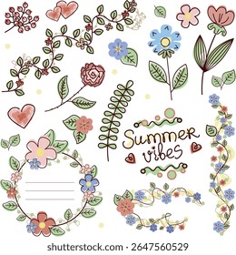 Conjunto de lindos Elementos florales dibujados a mano para su diseño. Ilustración vectorial