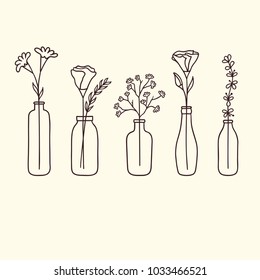 Set of cute hand drawn flowers in bottles