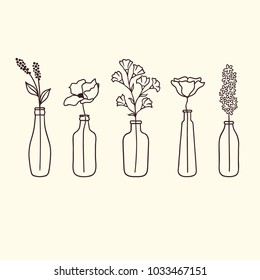 Set of cute hand drawn flowers in bottles