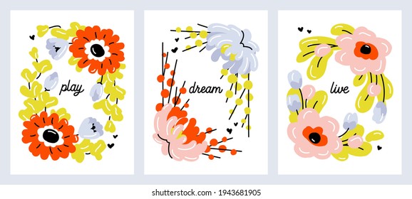Set of cute hand drawn flowers. Modern collage of pastel blossoming plants for pre-made poster print or greeting card. Naive style vector illustration with abstract floral design. Editable stroke