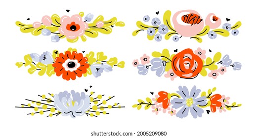 Set of cute hand drawn flowers. Modern collage of blossoming plants for pre-made poster print or greeting card. Naive style vector illustration with abstract floral design. Editable stroke