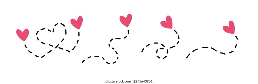 Set of cute hand drawn flying hearts with dashed line routs isolated on white. Love decor element for your design. Valentine day decoration. Fall in love, engagement, wedding relationship symbols.