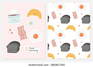 Set of cute hand drawn food for breakfast with seamless pattern background . Flat hand drawn illustration kid's poster banner 