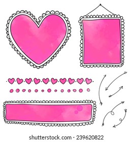 Set of cute hand drawn frames and heart dividers with pink watercolor textures. Doodle vector design elements isolated on white background. 