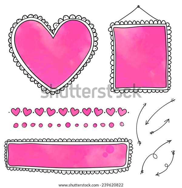 Set of cute hand drawn frames and heart\
dividers with pink watercolor textures. Doodle vector design\
elements isolated on white background.\
