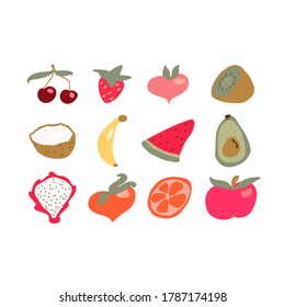 Set of cute hand drawn fruits on white background. Banana, avocado, cherry, strawberry, lime, peach, orange, pitaya, kiwi, apple and coconut summer fruit collection.