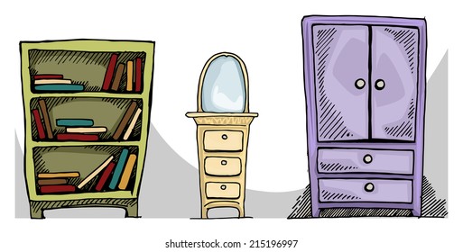 Set of cute, hand drawn furniture, vector illustration