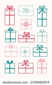 Conjunto com caixas de presente desenhadas à mão bonito. Decorações de Natal. Ilustração vetorial