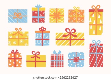 Set with cute hand drawn gift boxes. Christmas decorations. Vector illustration