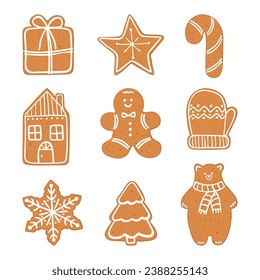 Set of cute hand drawn gingerbread cookies
