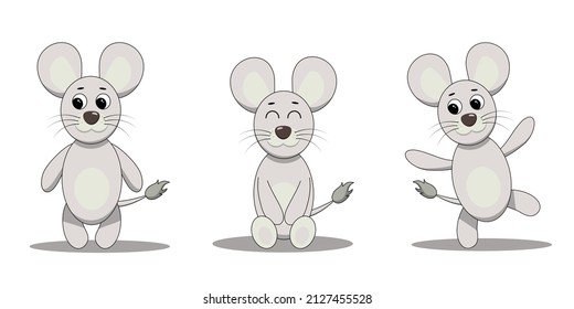 Set cute hand drawn gray mice vector illustration. Field wild mouse.