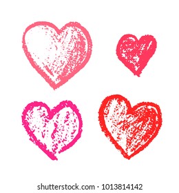 Set of cute hand drawn grunge pink hearts. Doodle scratched hearts for wedding invitation design, lovely Valentine's Day cards