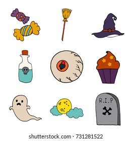 Set of cute hand drawn Halloween elements icon. 