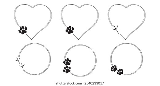 Set of cute hand drawn heart shape and round frames with cat, dog and bird paw print. Pet paw quote speech bubble.