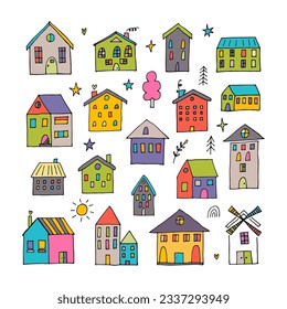 Set of cute hand drawn houses. Collection of sketched buildings. Doodle style. Vector illustration