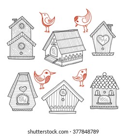 Set of cute hand drawn houses for birds. Vector collection