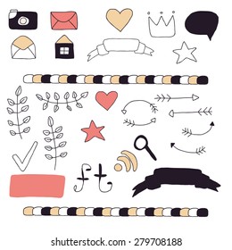 Set of cute hand drawn icons for blog or website. Pictograms, buttons, ribbons, banners, arrows and decoration in restrained colors. Vector illustration.