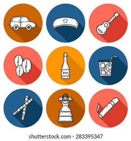 Set of cute hand drawn icons with shadows on Cuba theme with rum, coctail Cuba Libre, old car, sugar cane, coffee, guitar, cigar, national woman's dress and famous hat of Che for your cuban design