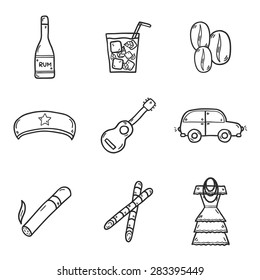 Set of cute hand drawn icons on Cuba theme with rum, coctail Cuba Libre, old car, sugar cane, coffee, guitar, cigar, national woman's dress and famous hat of Che for your cuban design