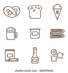 Set of cute hand drawn icons with allergic gluten products: bread, pastry, pasta, beer, yogurt, ice cream, dry breakfast, ketchup and snack food for your design