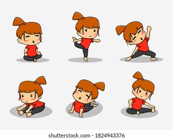 set of cute hand drawn illustration yoga girls