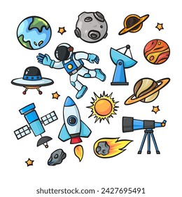 set of cute hand drawn illustration of space exploration astronomy astronaut planet exploration with spaceship