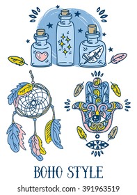 set of cute hand drawn illustrations in tribal style, magical vector set