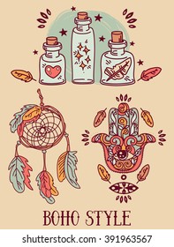 set of cute hand drawn illustrations in tribal style, magical vector set