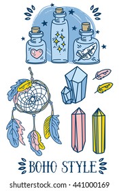 set of cute hand drawn illustrations in tribal style: flasks, crystal, dream catcher, magical vector set