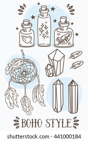set of cute hand drawn illustrations in tribal style: flasks, crystal, dream catcher, magical vector set