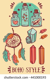 set of cute hand drawn illustrations in tribal style: flasks, crystal, dream catcher, magical vector set