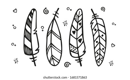 Set of cute hand drawn isolated feather silhouette on a white background. Doodle vector illustration for greeting cards, posters, stickers.