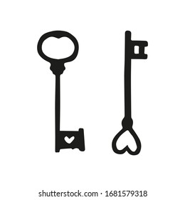 Set of cute hand drawn isolated keys silhouette on a white background. Doodle vector illustration for greeting cards, posters, stickers.