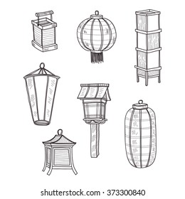 Set of cute hand drawn Japanese lanterns. Vector collection