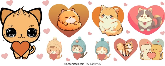 Set of cute hand drawn kawaii cats with hearts for valentine's day. Collection of flat kittens in love with hearts.
