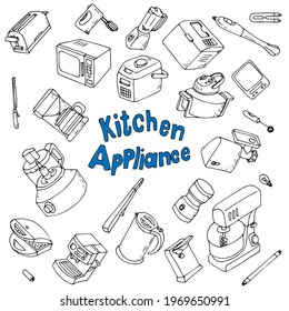 Set of cute hand drawn kitchen appliances doodle on white background.