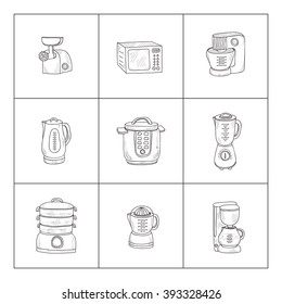Set of cute hand drawn kitchen appliances. Vector kitchen collection