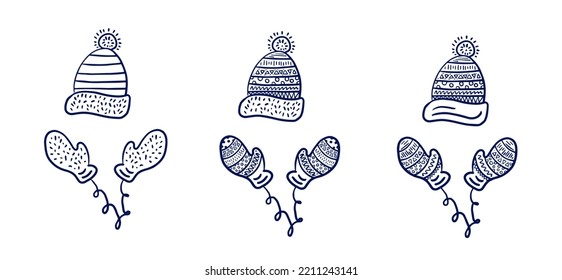 Set von süßen handgezeichneten Strickhüten und -fäusten. Geschenk zu Weihnachten und Neujahr. Doodle-Stil. Vektorgrafik, Illustration.
