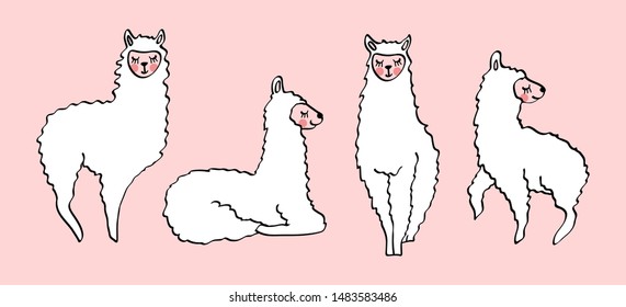 Set of cute hand drawn lamas isolated on pink background. Bundle of cartoon animals in doodle style. Vector illustration.