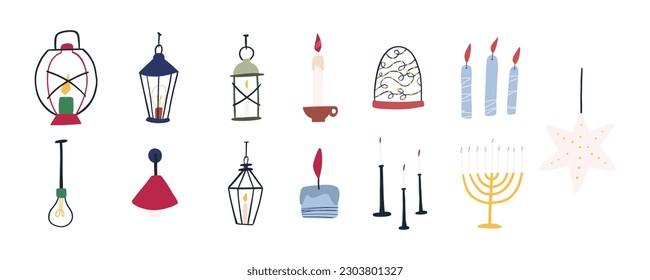 Set of cute hand drawn lamps, lanterns and fairy lights - cartoon flat vector illustration isolated on white background. Various candles, holiday star lights and Hanukkah menorah.