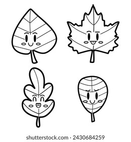 Set of cute hand drawn leaf cartoon characters facial expressions black and white vector collection