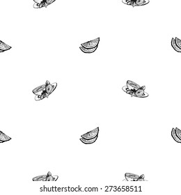 Set of cute hand drawn lemon and tea. Vector illustration. Set of isolated home breakfast decorative elements. Chess grid order black pattern on white background