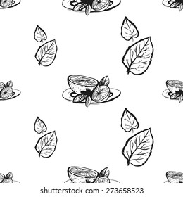 Set of cute hand drawn lemon and leaf. Vector illustration. Set of isolated home breakfast decorative elements. Chess grid order black pattern on white background