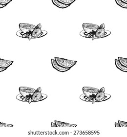Set of cute hand drawn lemon and tea. Vector illustration. Set of isolated home breakfast decorative elements. Chess grid order black pattern on white background