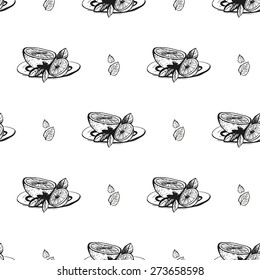 Set of cute hand drawn lemon and leaf. Vector illustration. Set of isolated home breakfast decorative elements. Chess grid order black pattern on white background